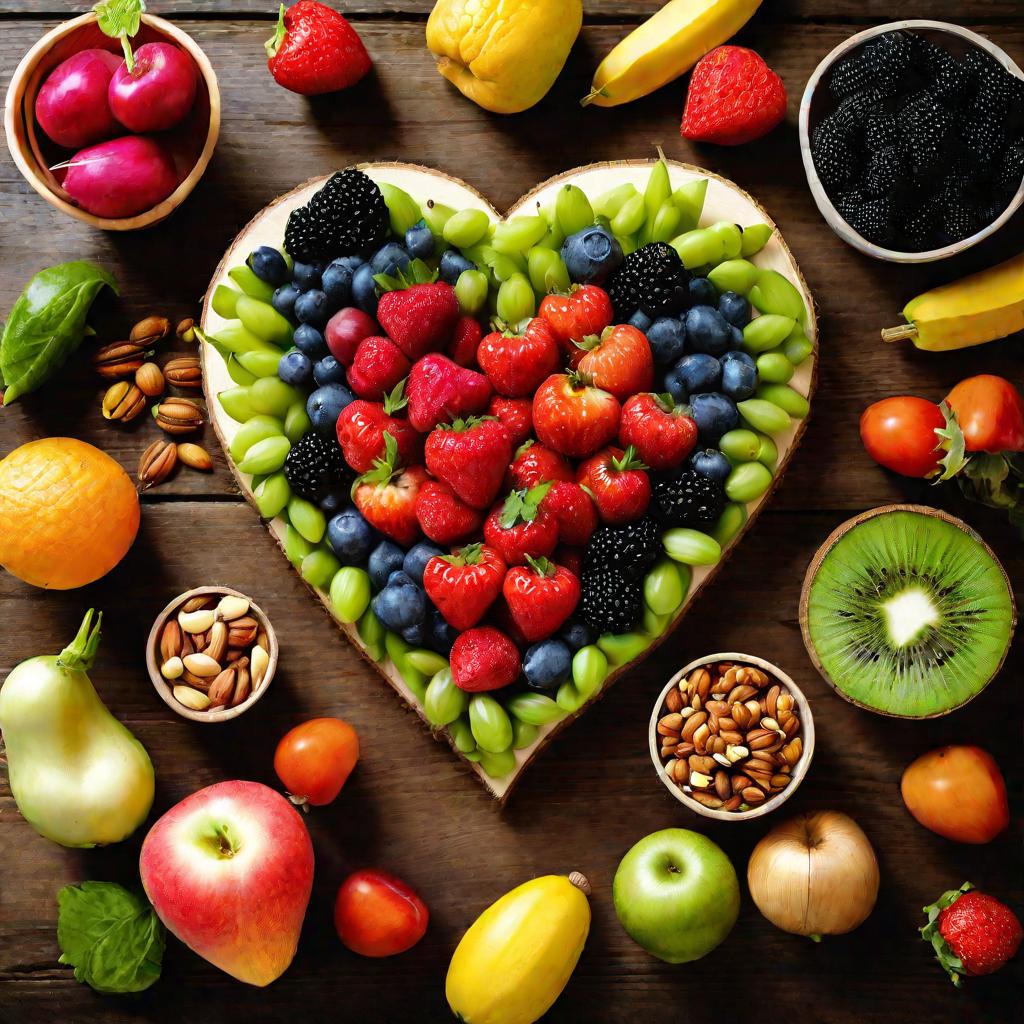Свежие фрукты, овощи, орехи и семечки в форме сердца на деревянном столе