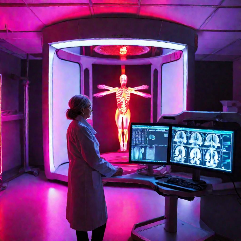 Женщина проходит детальное сканирование тела в медицинской камере, на экране виден срез живота, светящийся красным