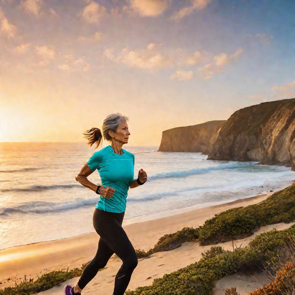 Женщина 56 лет бегает по прибрежной скале на восходе солнца