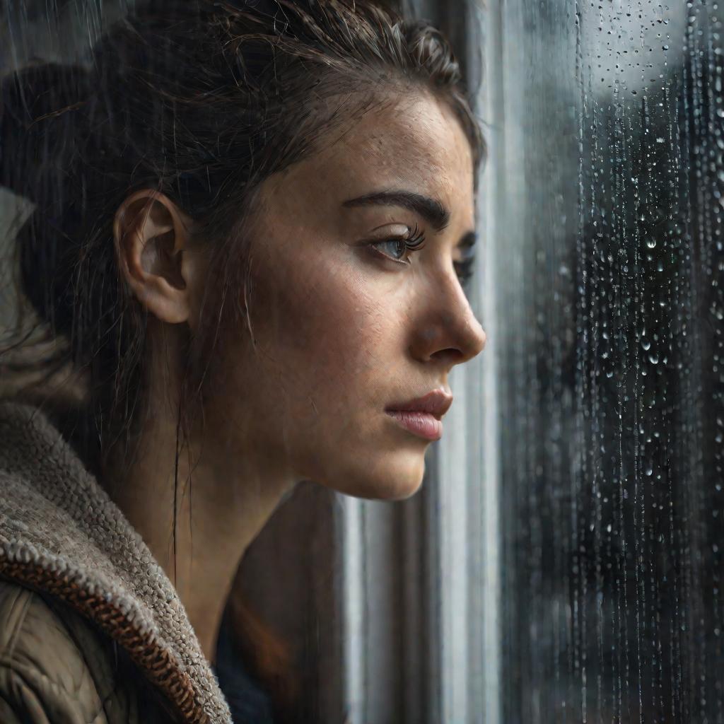 Печальная девушка смотрит в окно