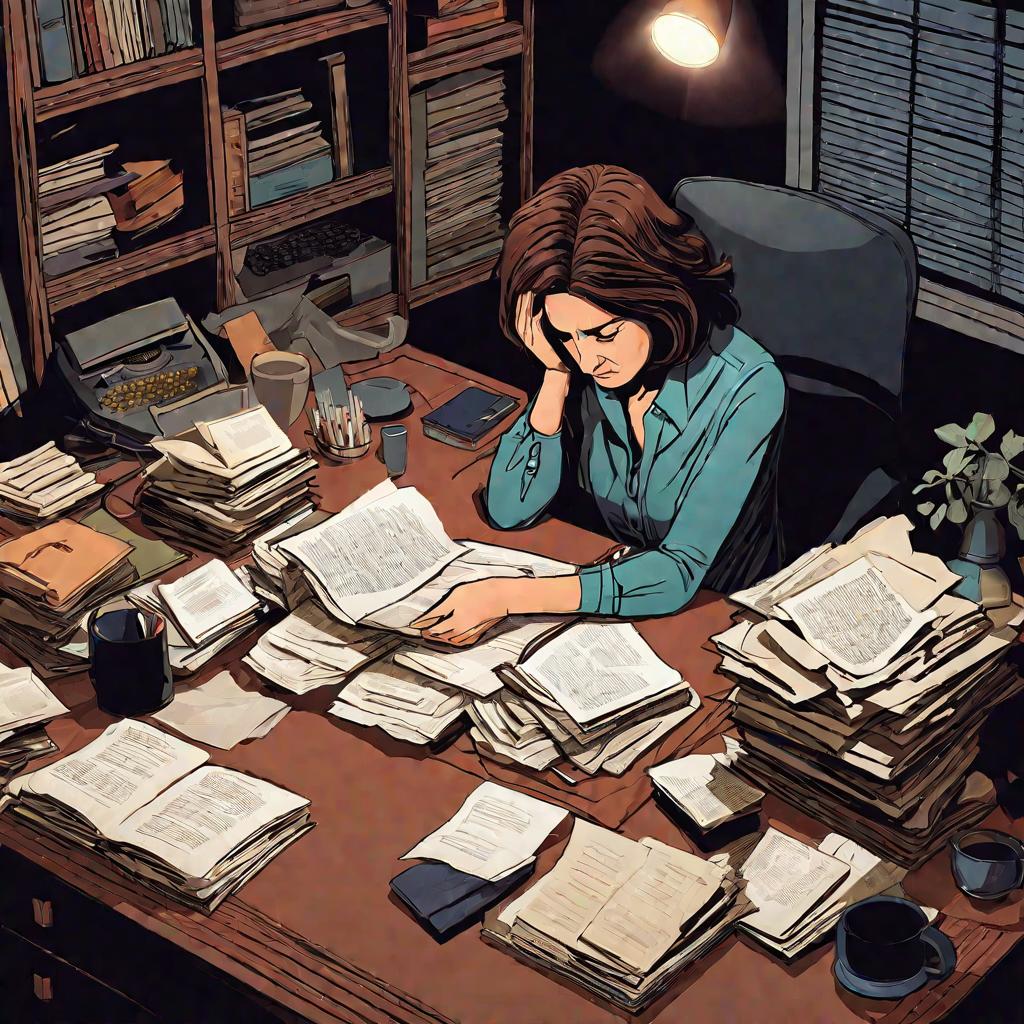 Вид сверху на стрессовую женщину средних лет, сидящую за столом в слабо освещенном домашнем офисе поздно ночью