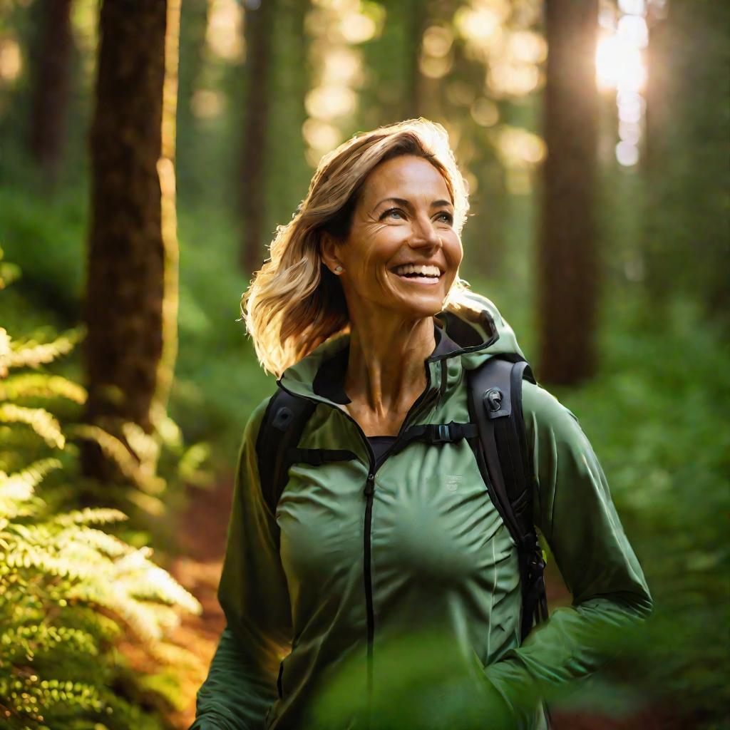 Полный рост 40-летней женщины в спортивной одежде, идущей по яркому зеленому лесу в золотой час заката