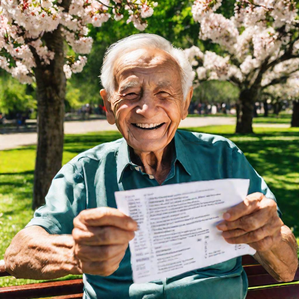 Пожилой мужчина держит листок с 10 желаниями в руке, сидя на скамейке в парке весной