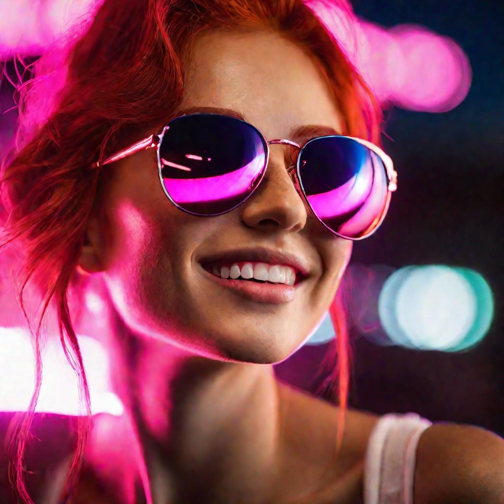 Портрет девушки в очках с розовым неоновым свечением