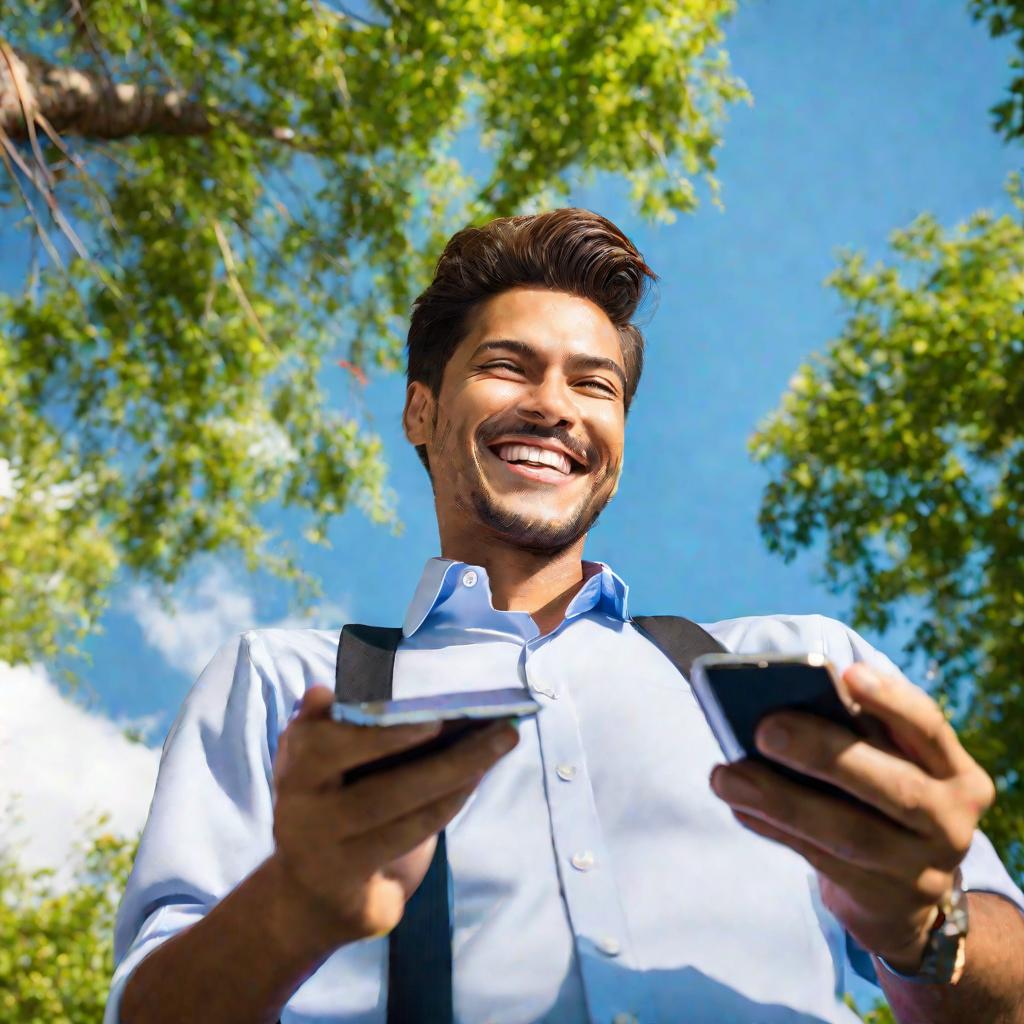 Счастливый бизнесмен держит телефон с графиком прибыли на фоне летнего неба