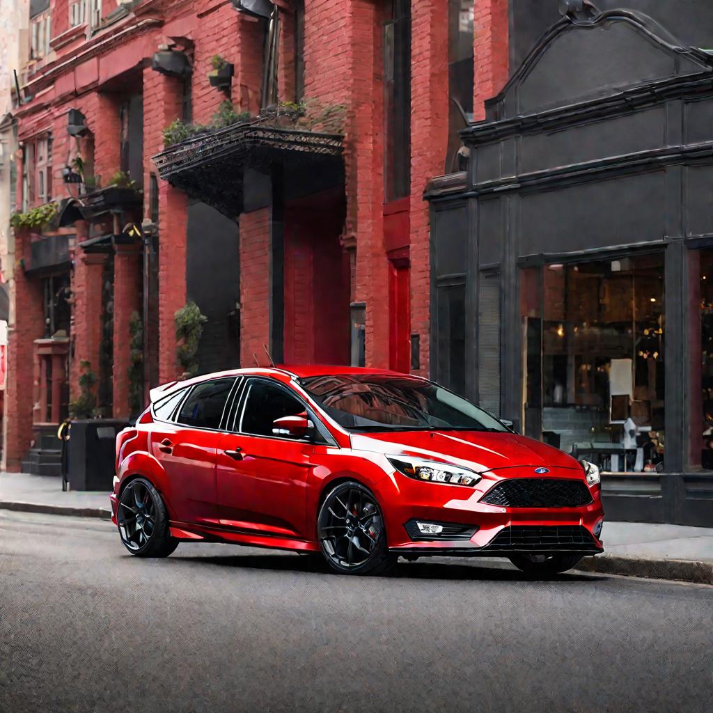 Красный тюнингованный Ford Focus на улице города