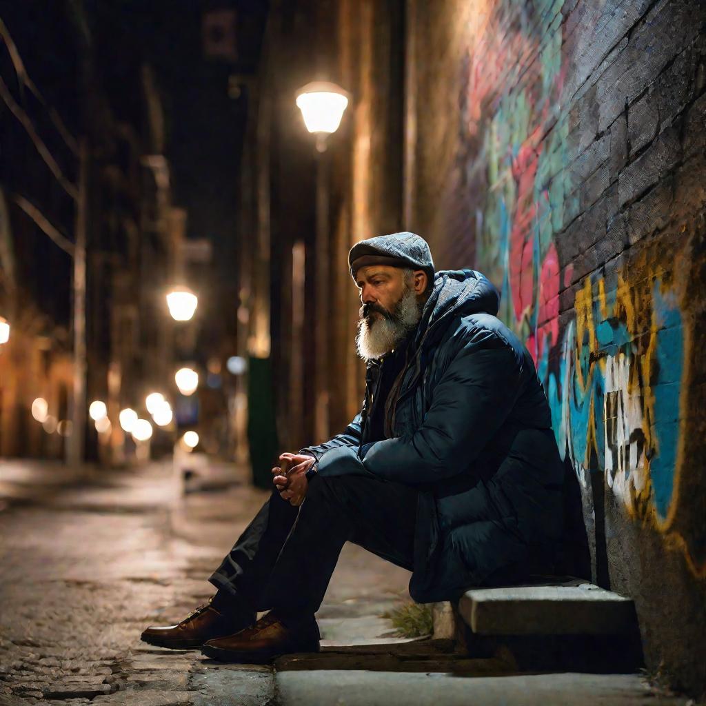 Одинокий бездомный в темном переулке