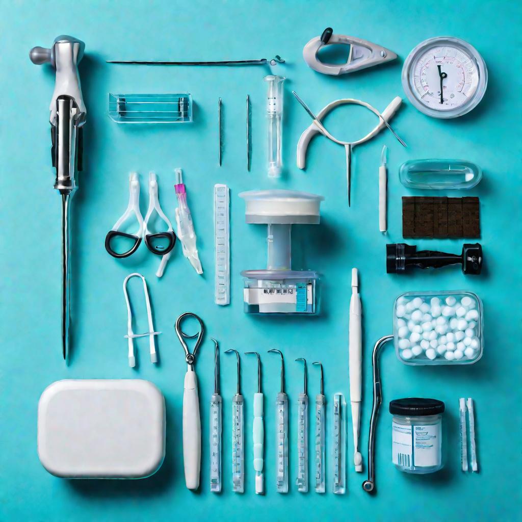 Аккуратно собранный набор гинекологических инструментов на столе врача с разных ракурсов освещается ярким светом на голубом фоне.