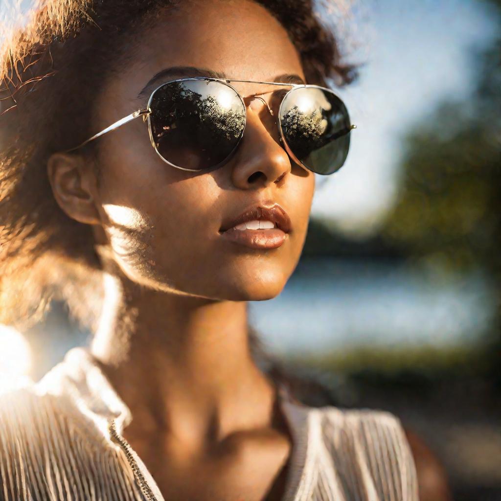 Портрет молодой женщины в солнцезащитных очках, смотрящей на яркий свет