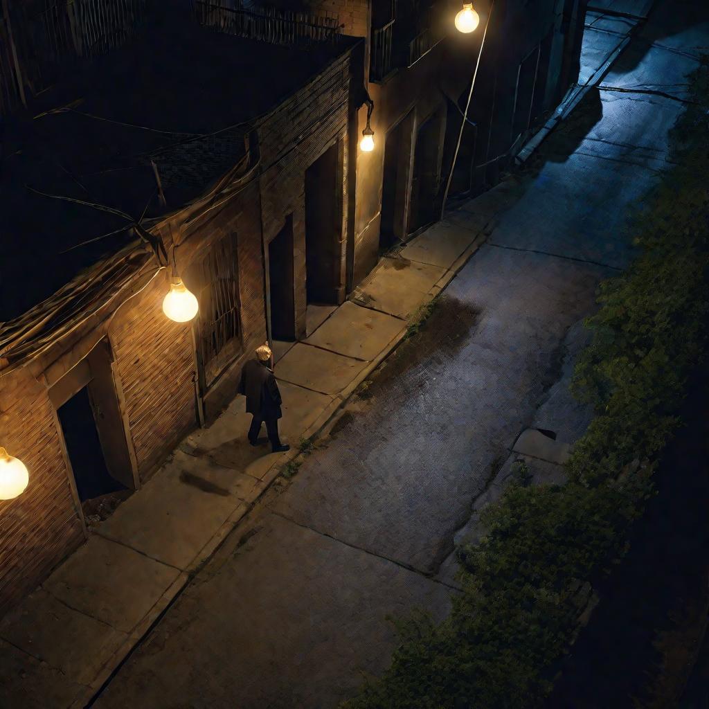Вид сверху на шатающегося пьяного мужчину в темном переулке ночью