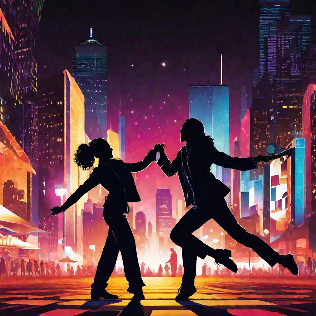Двое молодых людей танцуют на фоне ночного города