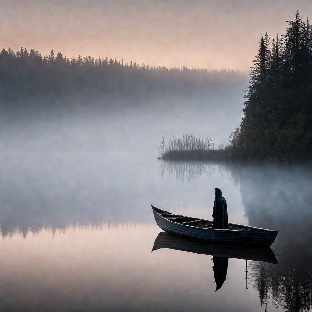 Одинокая лодка плывет по туманному озеру среди призрачных фигур