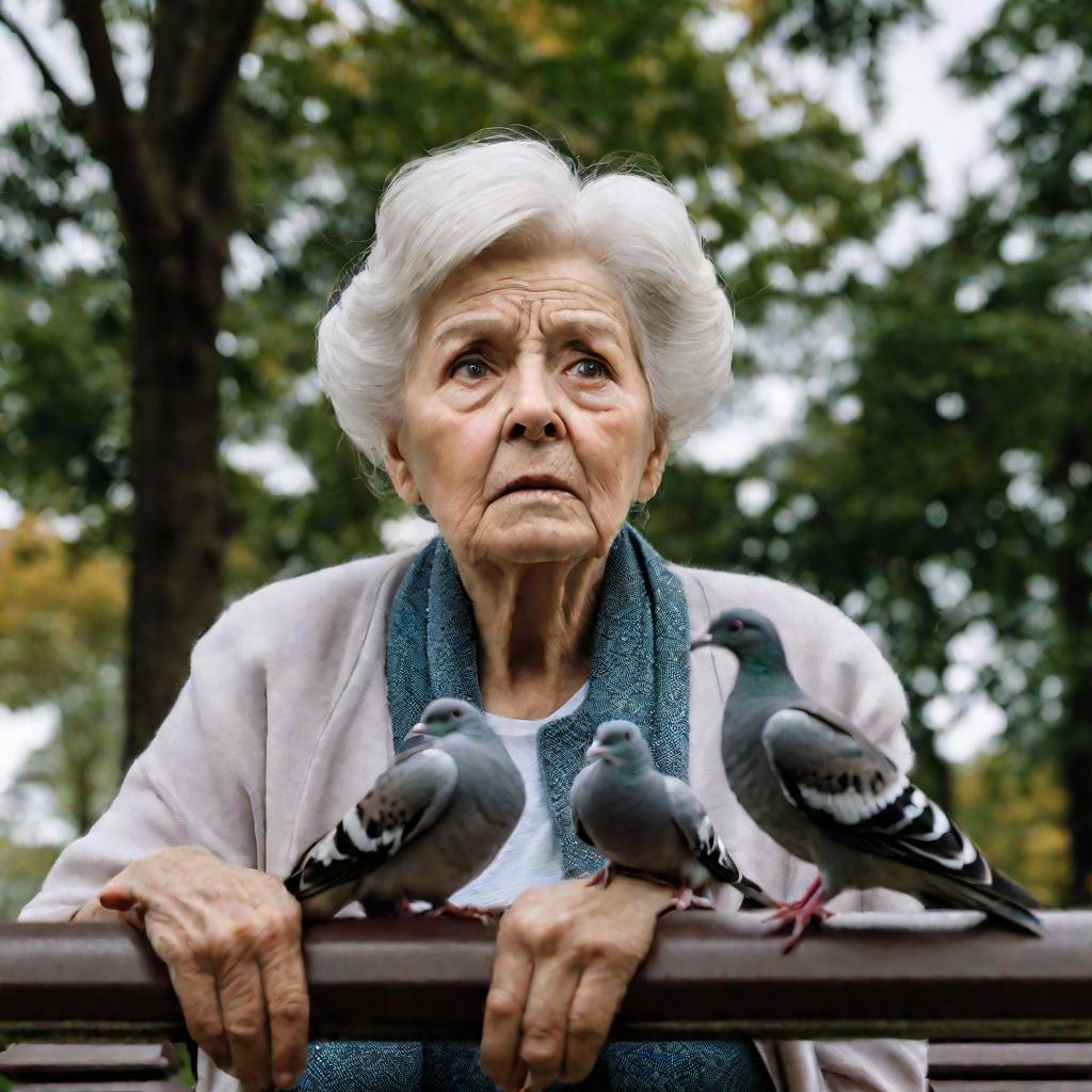 Пожилая женщина испугана голубями на скамейке в парке