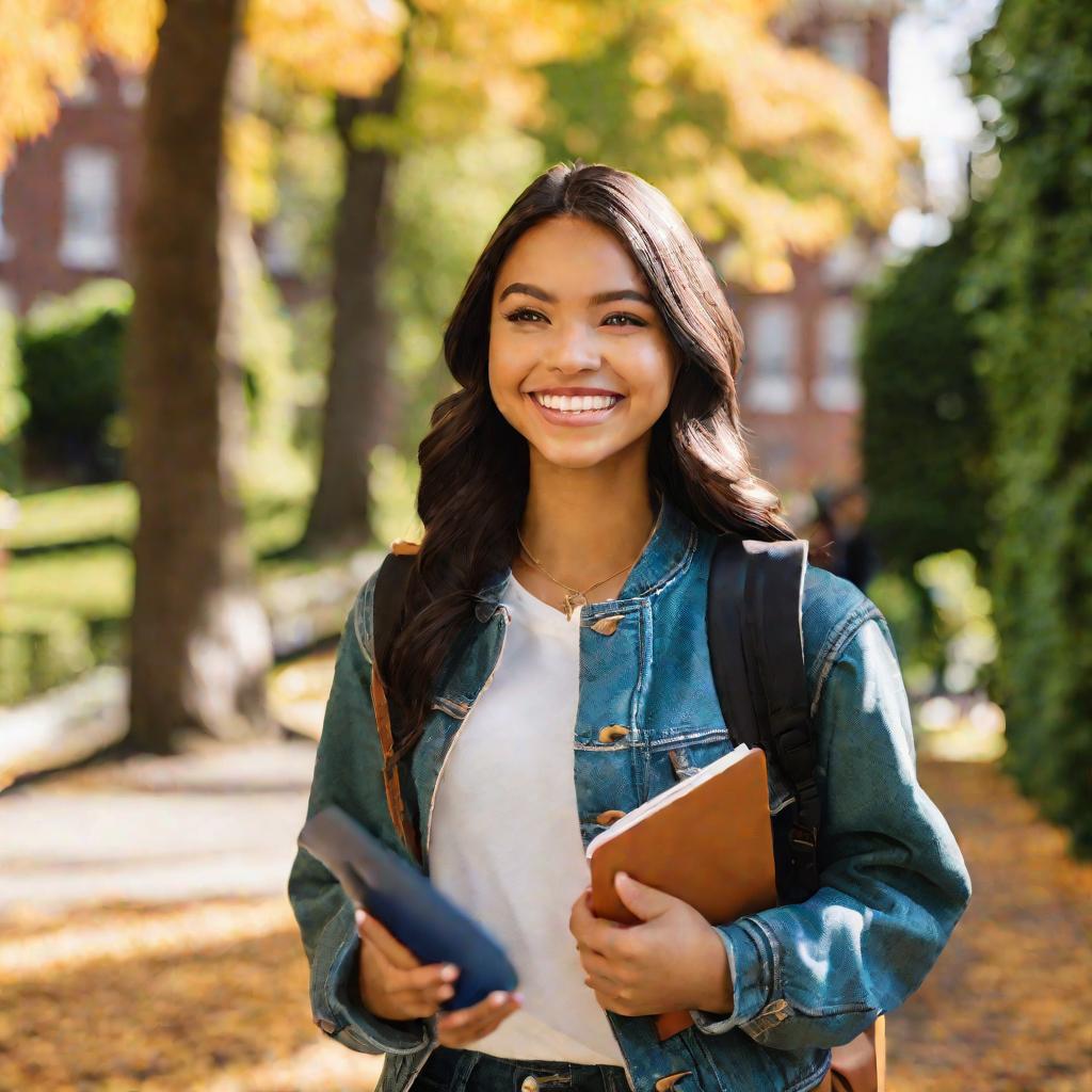 Студентка идет по университетскому двору, одетая в куртку с буквами и джинсы, держа тетради и планшет, на фоне зеленых деревьев и кирпичных зданий.