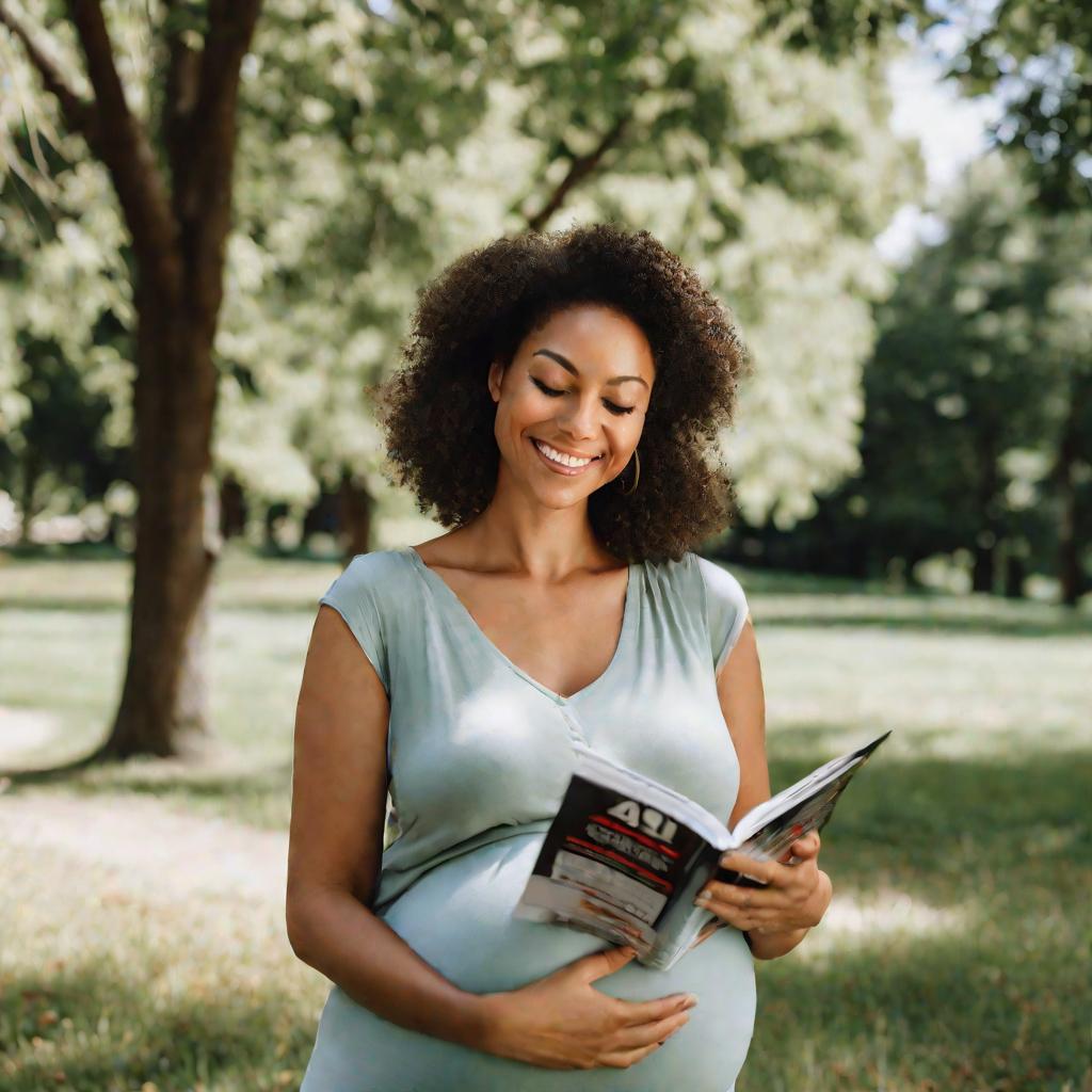 Женщина гуляет в парке, читает журнал о беременности