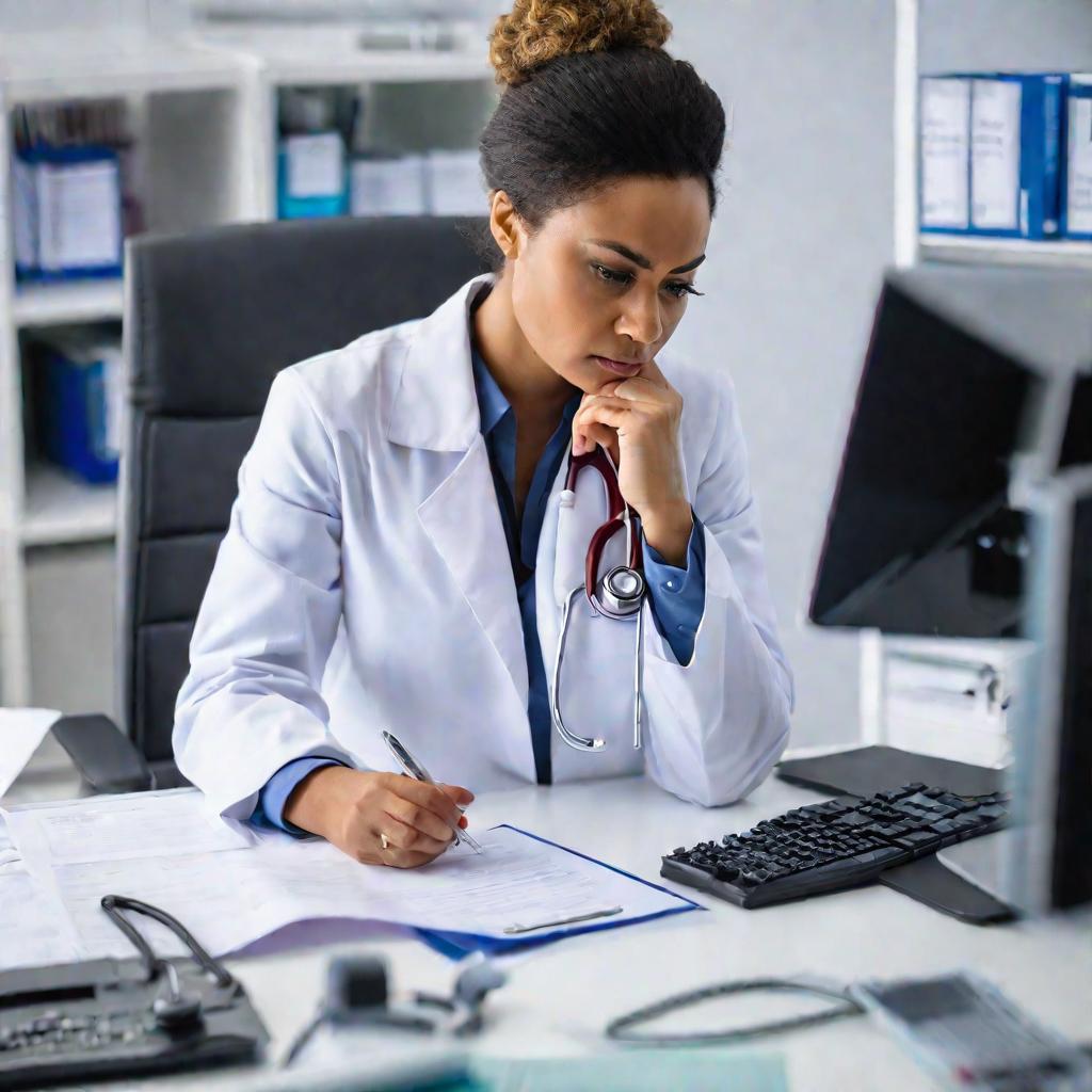 Женщина-врач изучает медицинские тесты в своем кабинете