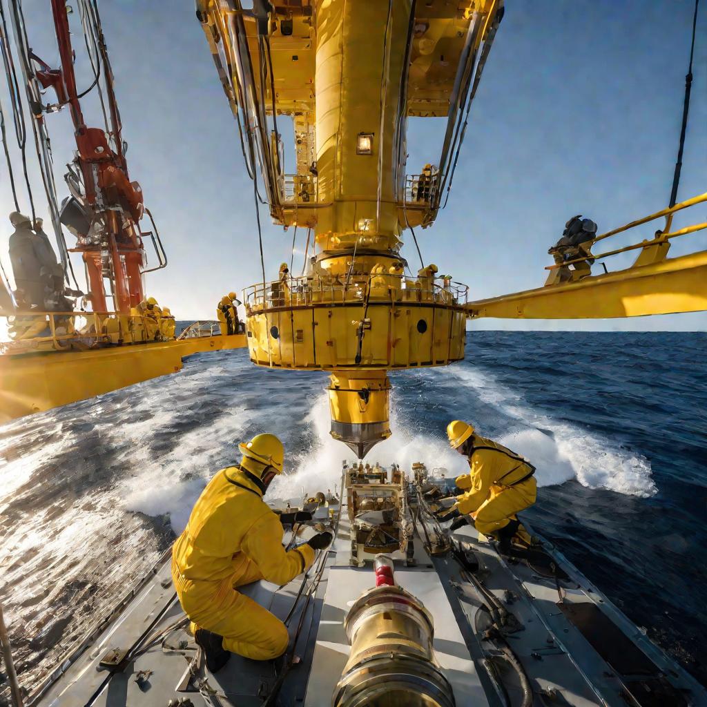 Геологи берут пробу грунта на дне океана