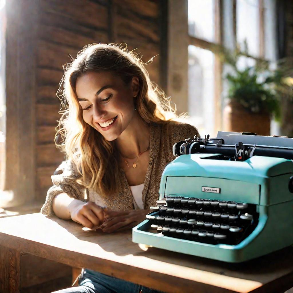 Крупный кинематографический портрет привлекательной хипстерши, улыбающейся и печатающей на подержанной пишущей машинке в светлом помещении