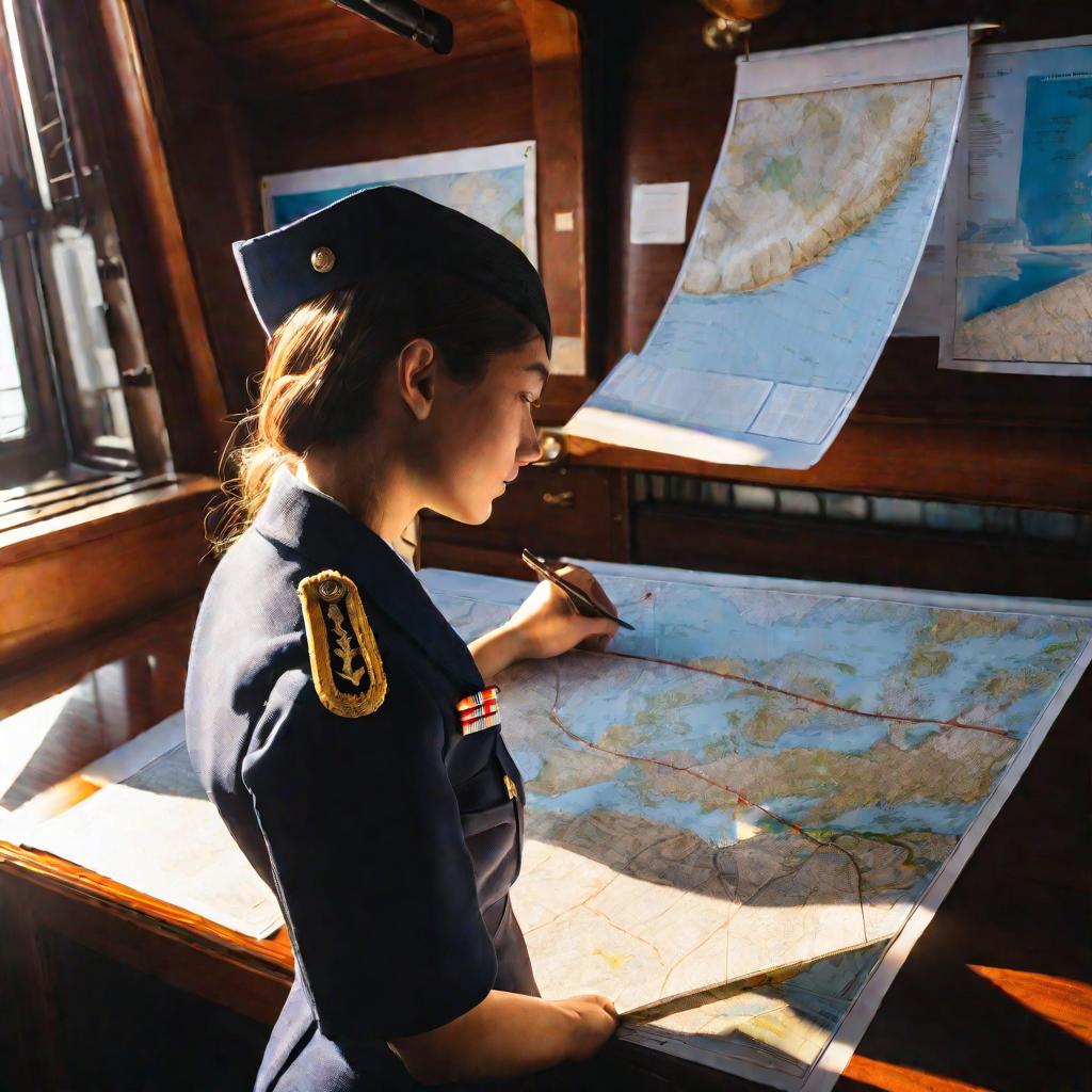 Курсантка-девушка изучает морскую навигационную карту