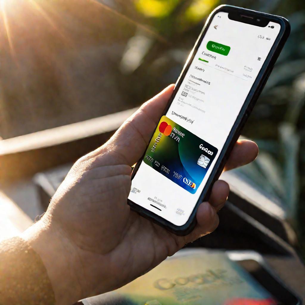 Крупный план руки, держащей кредитную карту над экраном смартфона, готовясь вставить ее в считыватель карт для оплаты. Солнечный свет создает контур вокруг руки. На экране телефона виден раздел оплаты в Google Play.