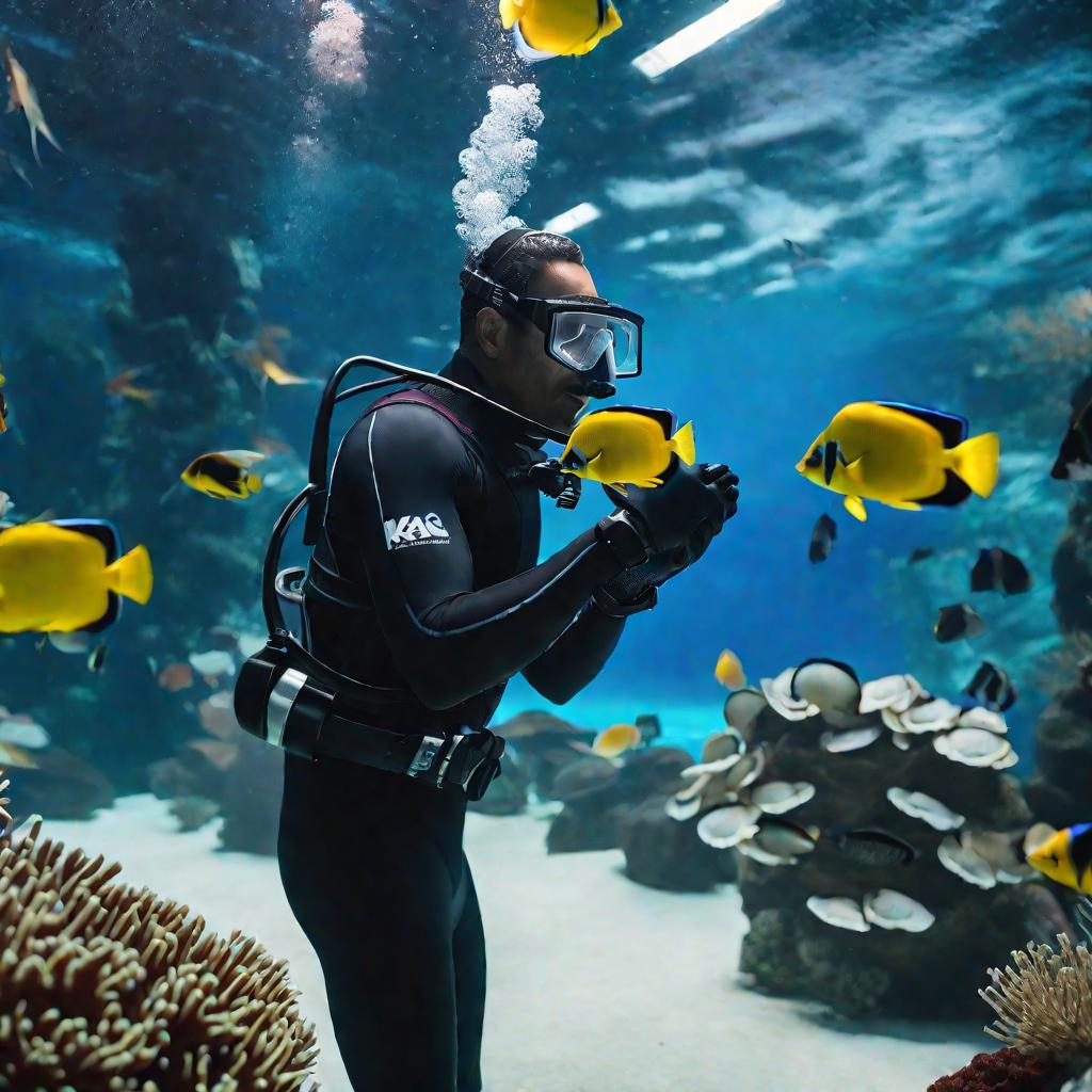 Крупный кинематографический кадр аквариумного техника в гидрокостюме, работающего внутри большого аквариума с рыбами, кормящего вручную группу ярких скалярий в хрустально чистой голубой воде, освещенных естественным светом сверху.