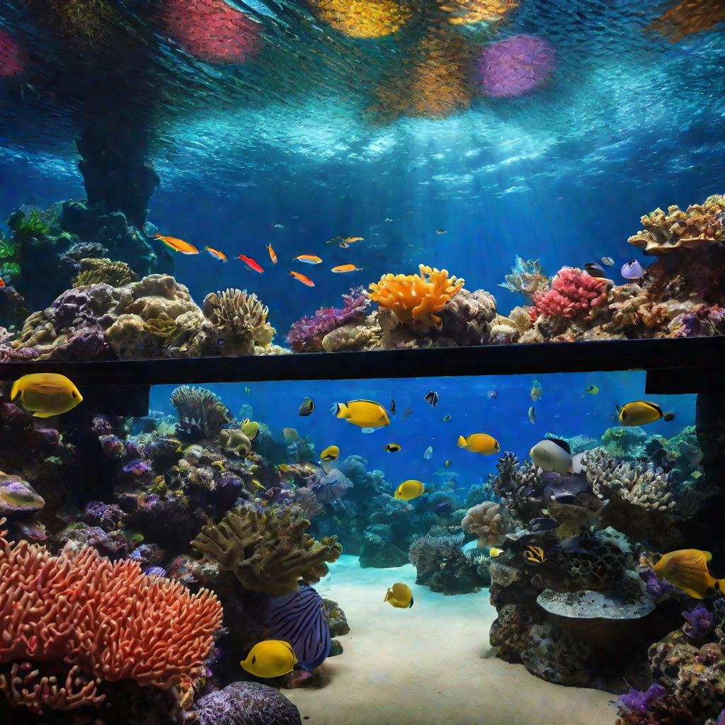 Подводная сцена кораллового рифа в тропическом океаническом аквариумном павильоне, стаи рыб и морские черепахи плавают среди ярко окрашенных кораллов и анемонов, лучи света проникают в хрустально чистую голубую воду.
