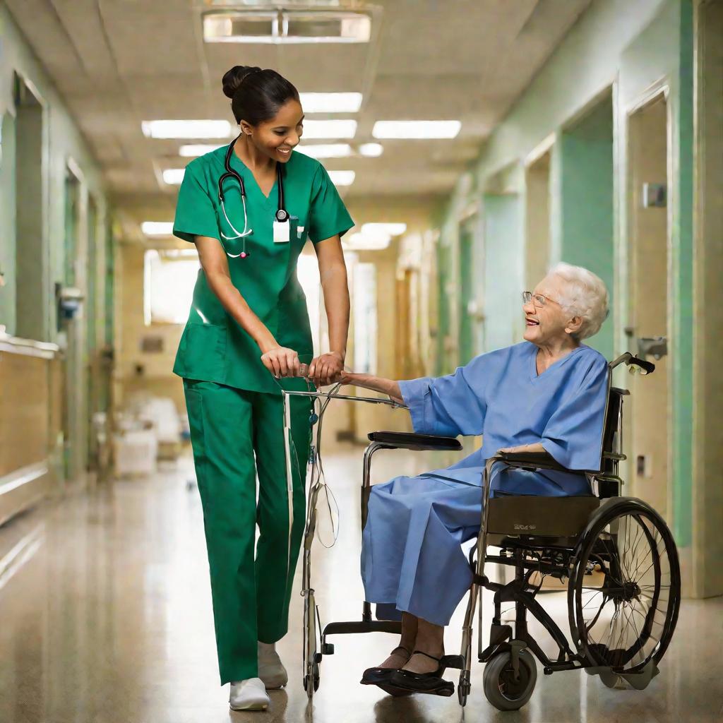 Сиделка помогает пожилому мужчине во время реабилитации в больнице