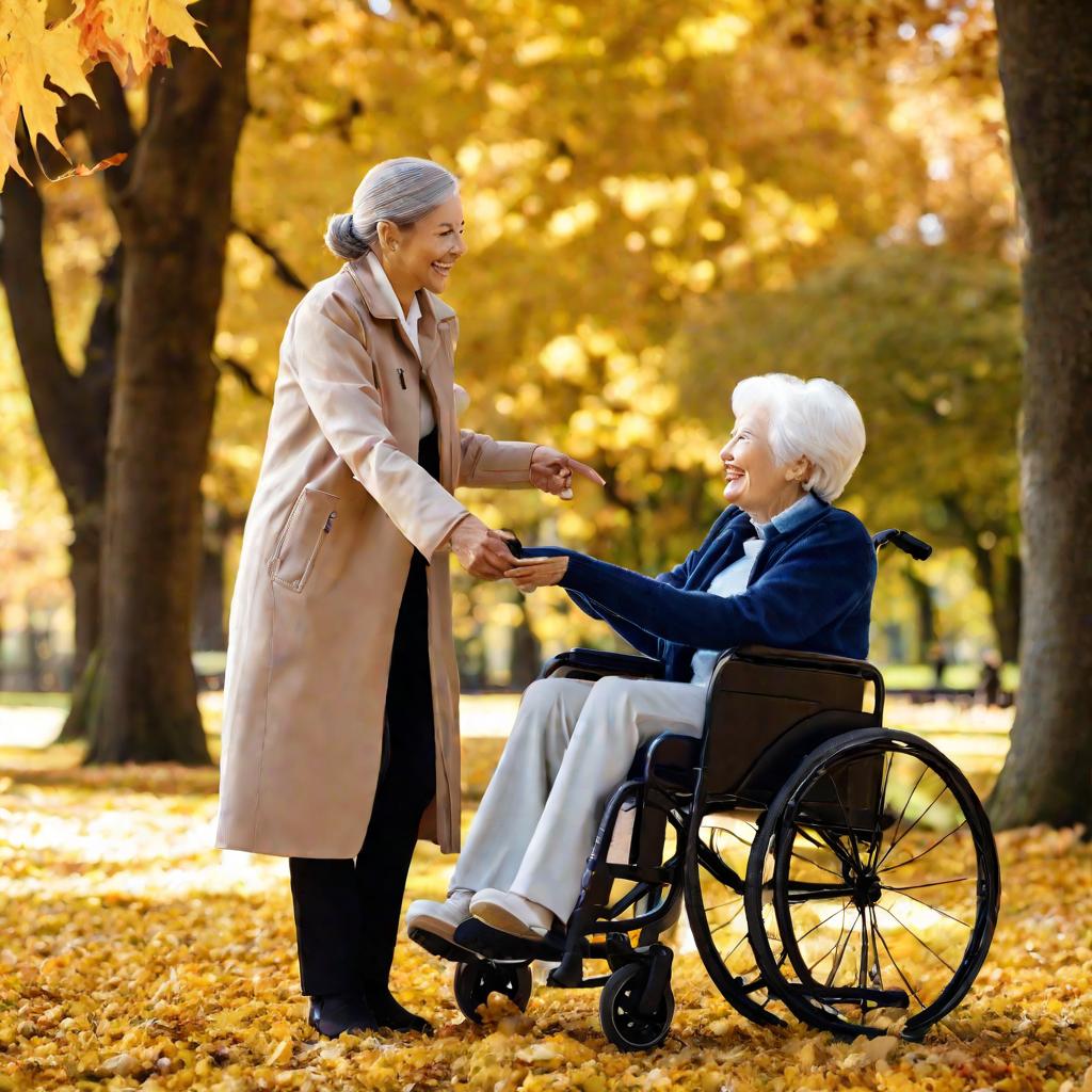 Сиделка катит инвалидную коляску с пожилой женщиной по парку осенью