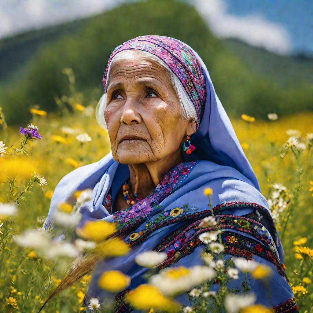 Крупный портрет пожилой марийской женщины в цветастом платке в традиционном вышитом платье стоящей в цветущем лугу дикого цветения в солнечный весенний день.