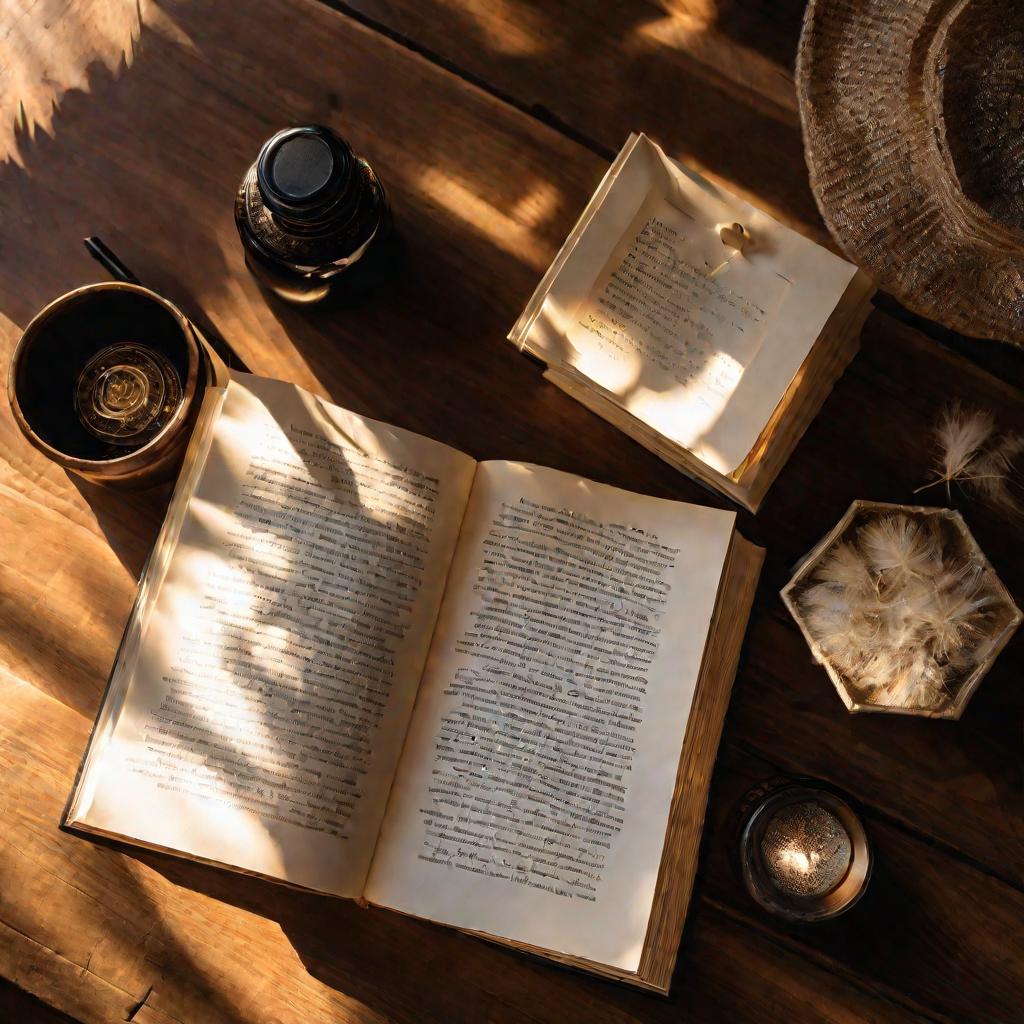 Вид сверху на открытую книгу со стихотворением марийским письмом, лежащую рядом с гусиным пером и чернильницей на деревянном столе, освещенном мягким естественным светом из близлежащего окна. В лучах солнца, падающих под углом, искрятся пылинки.