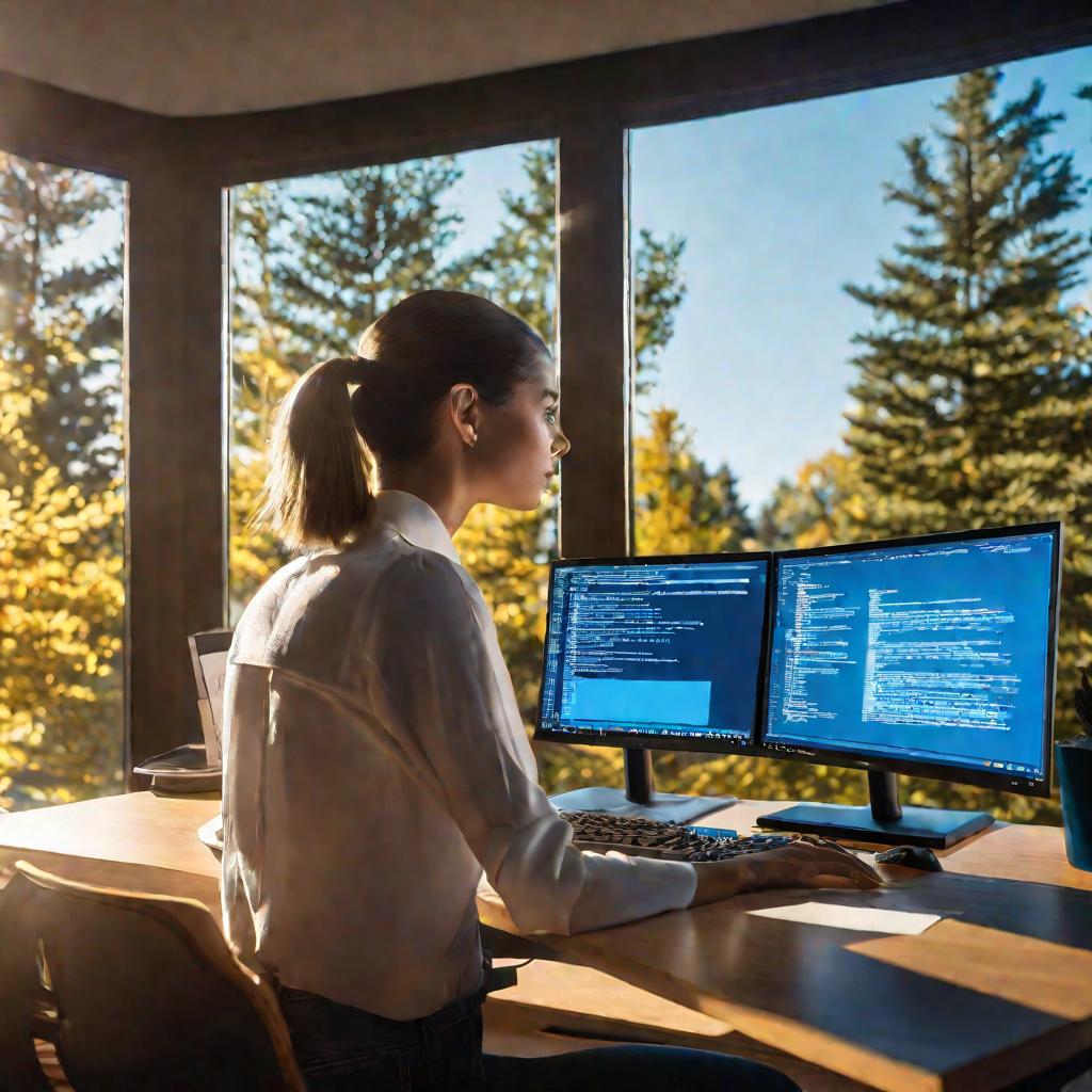 Программист пишет код в Visual Studio при дневном освещении у окна с видом на деревья
