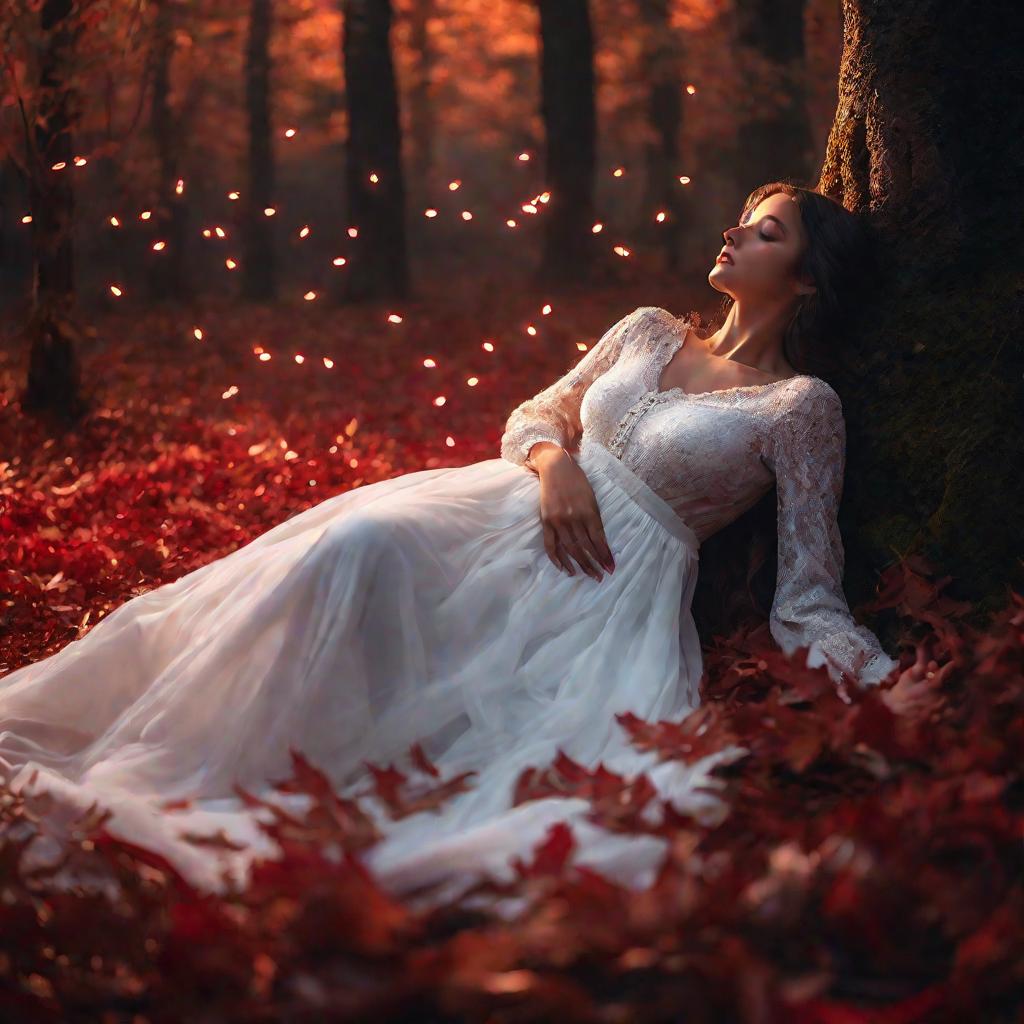 Девушка лежит в позе эмбриона в красных листьях в туманном лесу, таинственная атмосфера