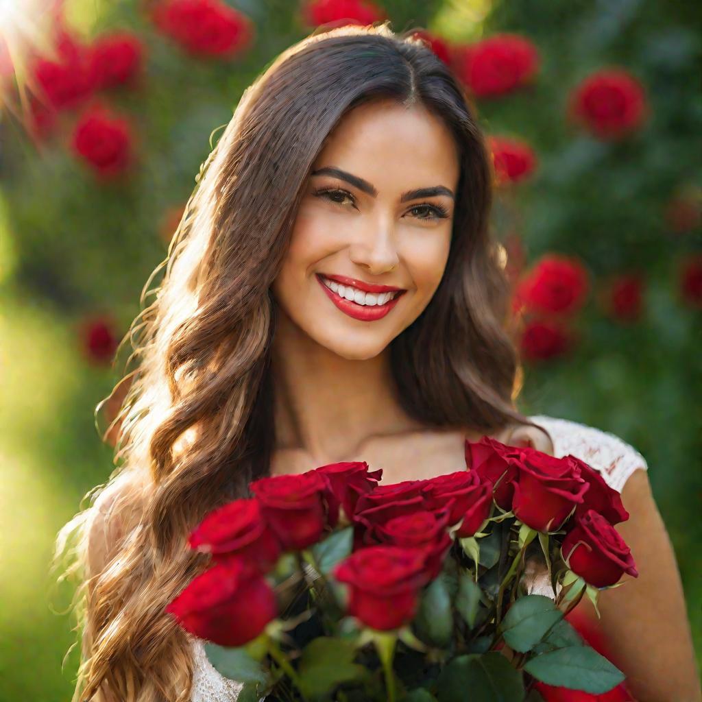 Улыбающаяся женщина держит букет красных роз на зеленом фоне, светлое настроение