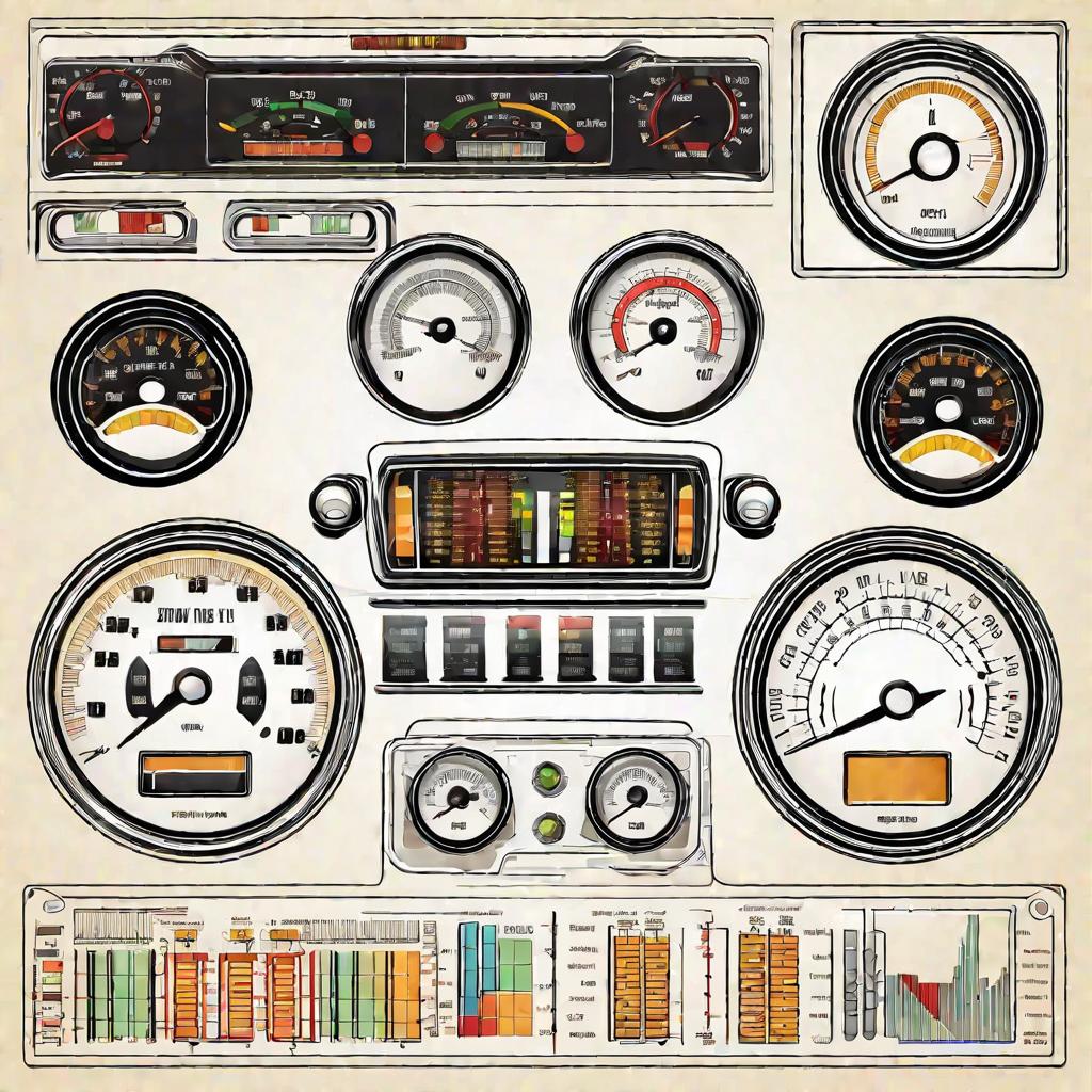 Панель приборов ВАЗ 2107 со спидометром, тахометром, датчиками температуры и уровня топлива. Подробная схема проводки и разъемов щитка приборов. Векторная иллюстрация в стиле эскиза, яркие цвета выделяют электрические цепи.