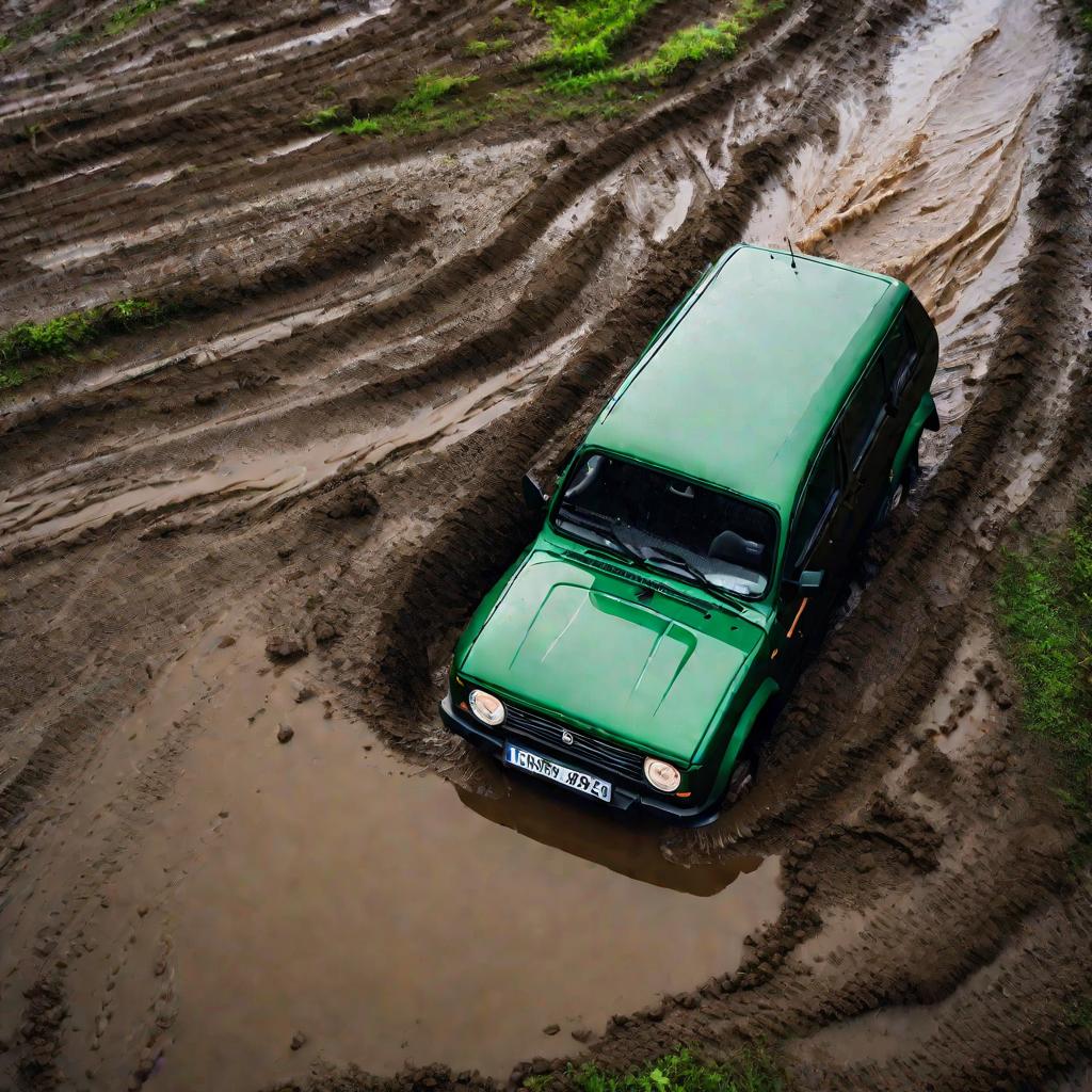 Lada Niva едет по луже