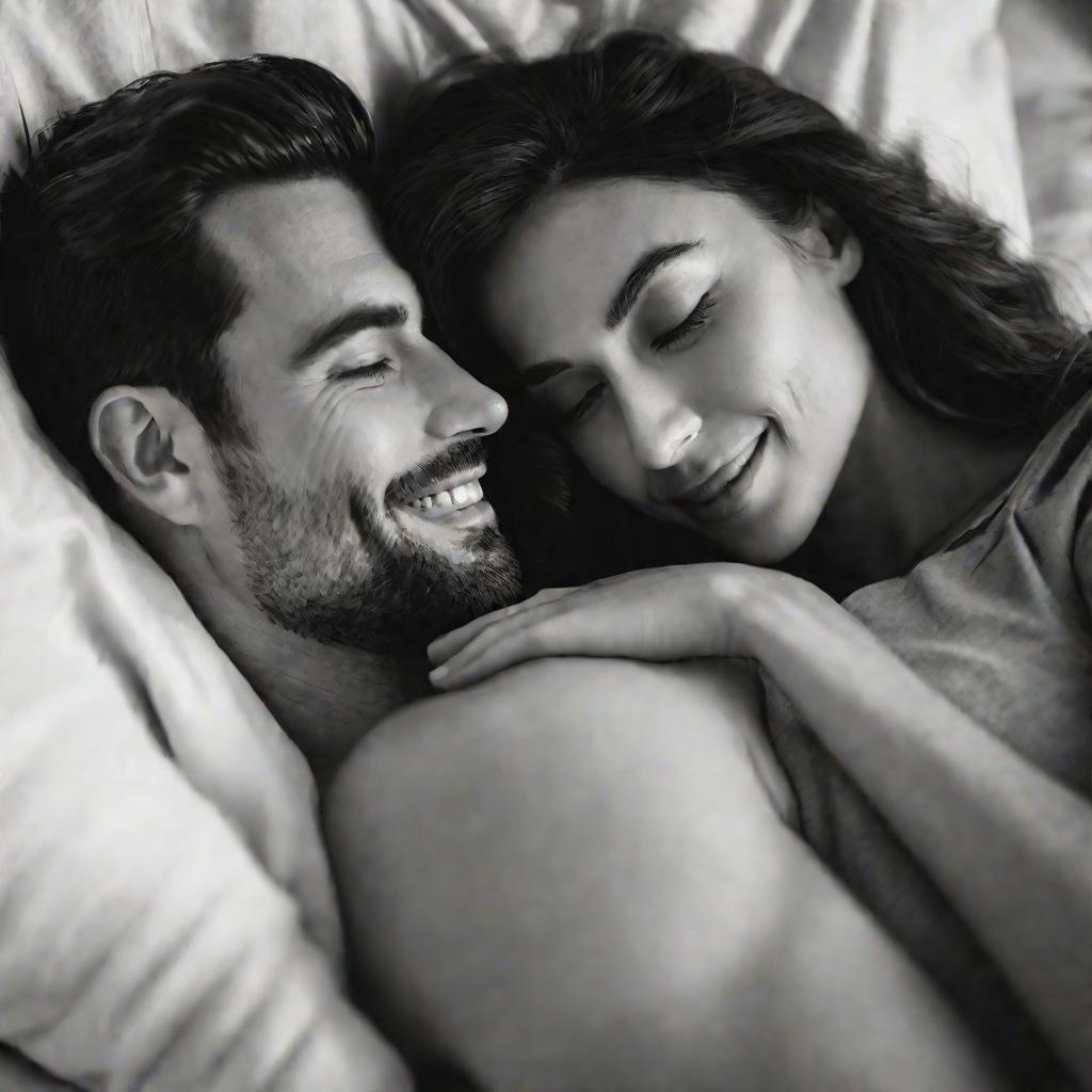 Портрет мужчины и женщины лежащих в постели. Он нежно ее обнимает