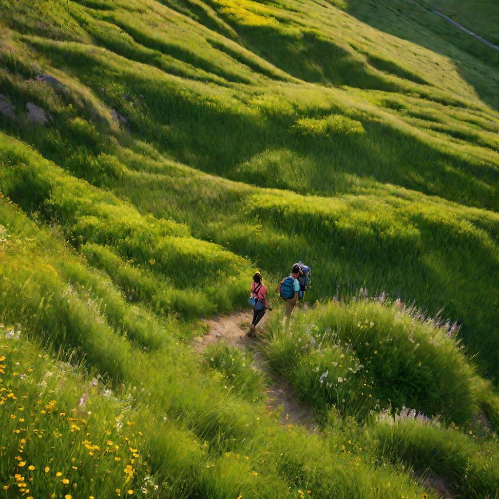 Пара гуляет по зеленым холмам, держась за руки