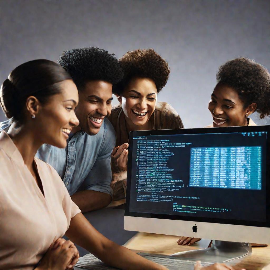 Группа людей изучает jQuery код на экране компьютера