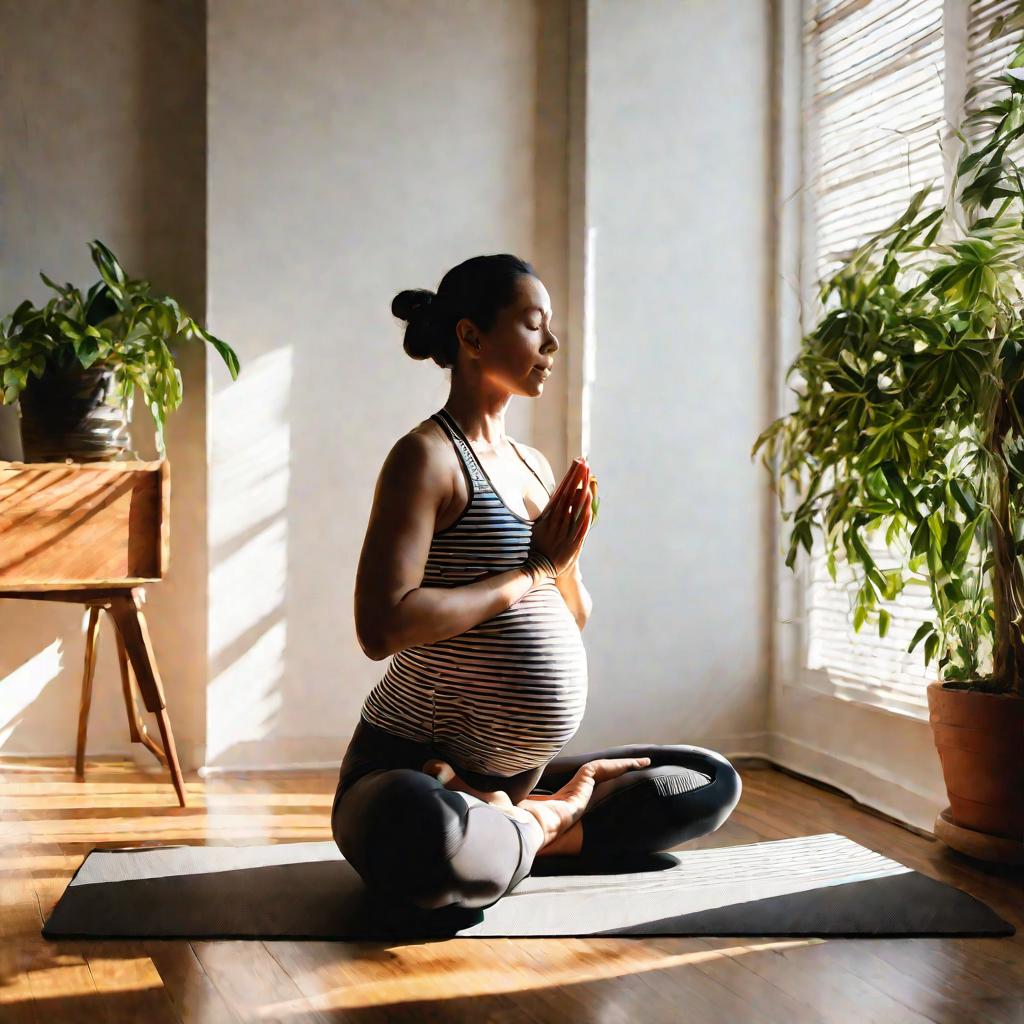 Беременная женщина делает йогу дома утром