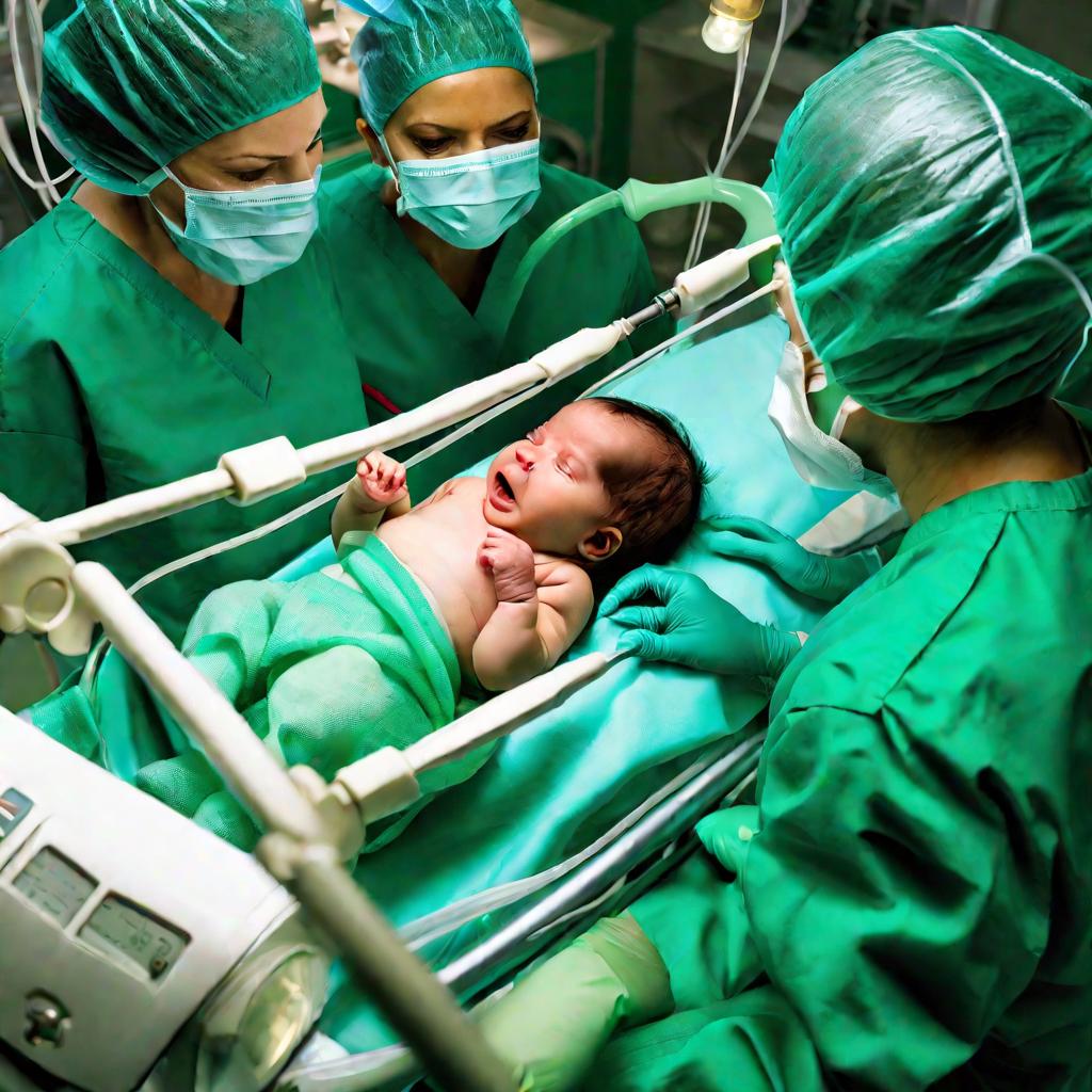 Новорожденный ребенок во время кесарева сечения