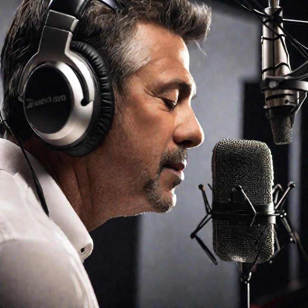 Мужчина поет в микрофон в звукозаписывающей студии