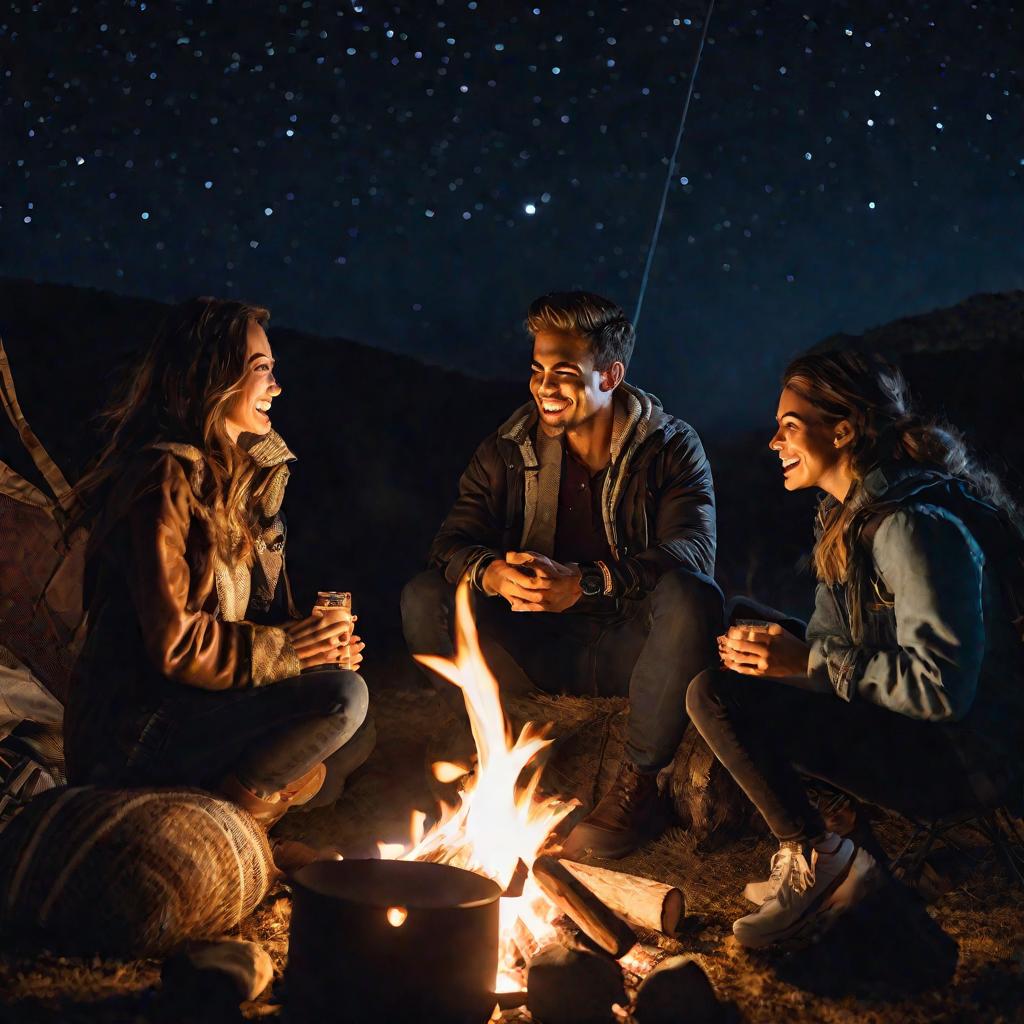 Группа друзей сидит у костра ночью под звездным небом
