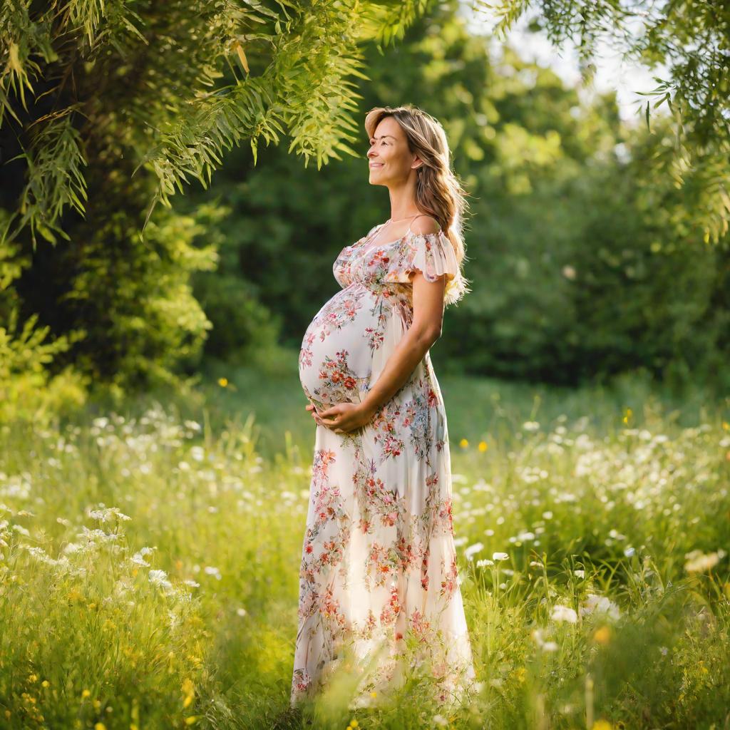 Беременная женщина в платье в поле с цветами