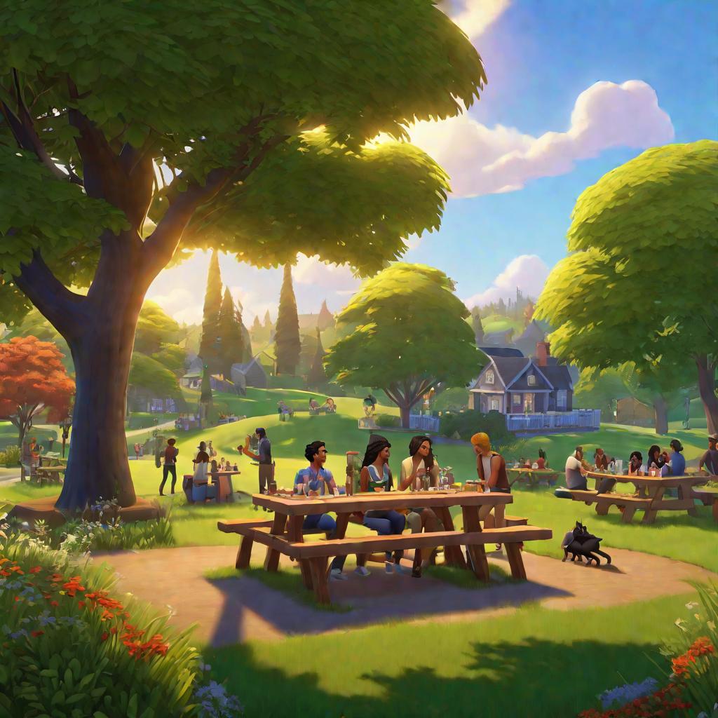 Skupina přátel hraje Sims 4 u piknikových stolů v ranním parku