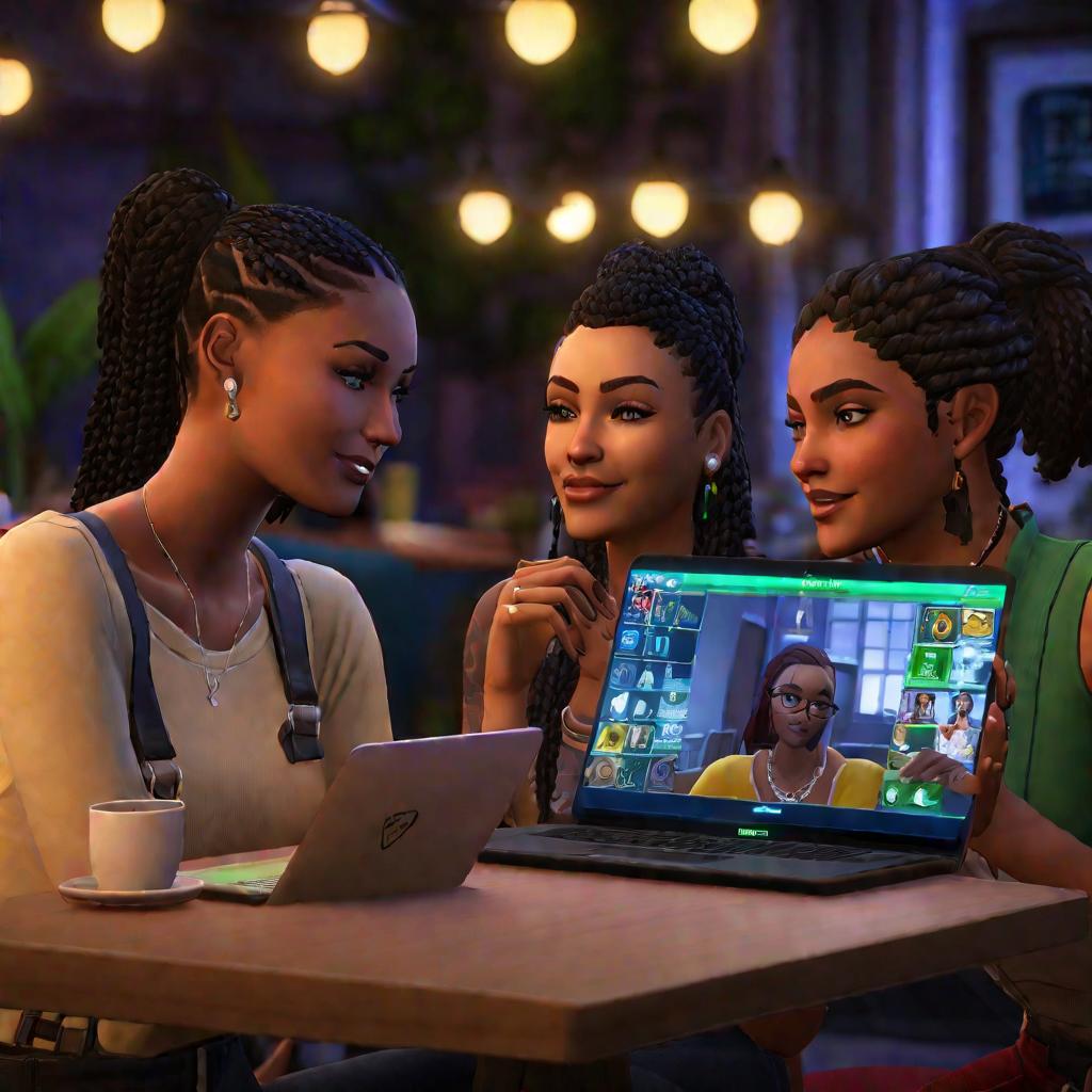 Dvě přítelkyně hrají hru Sims 4 pro více hráčů v kavárně pomocí notebooků