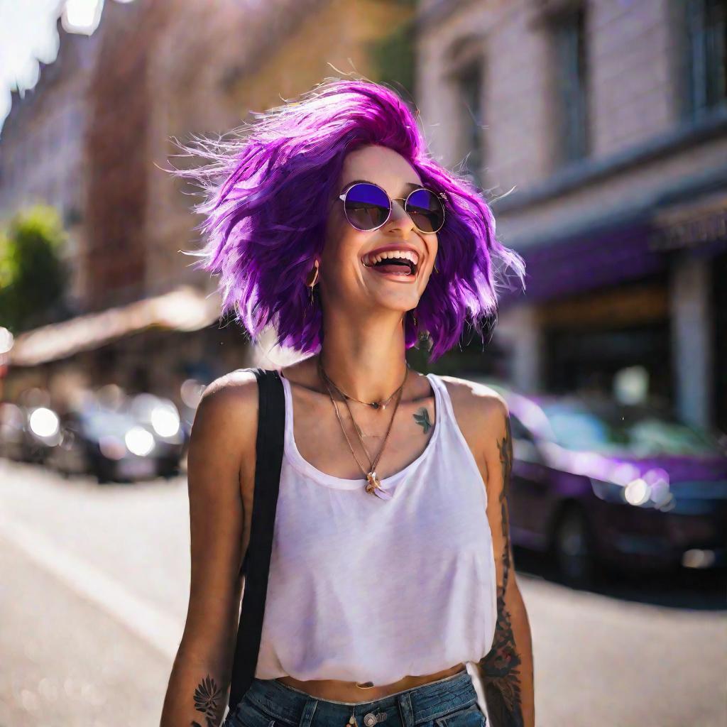 Портрет улыбающейся девушки с яркими фиолетовыми волосами