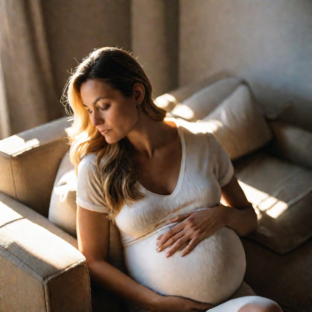 Беременная на диване чувствует движения малыша