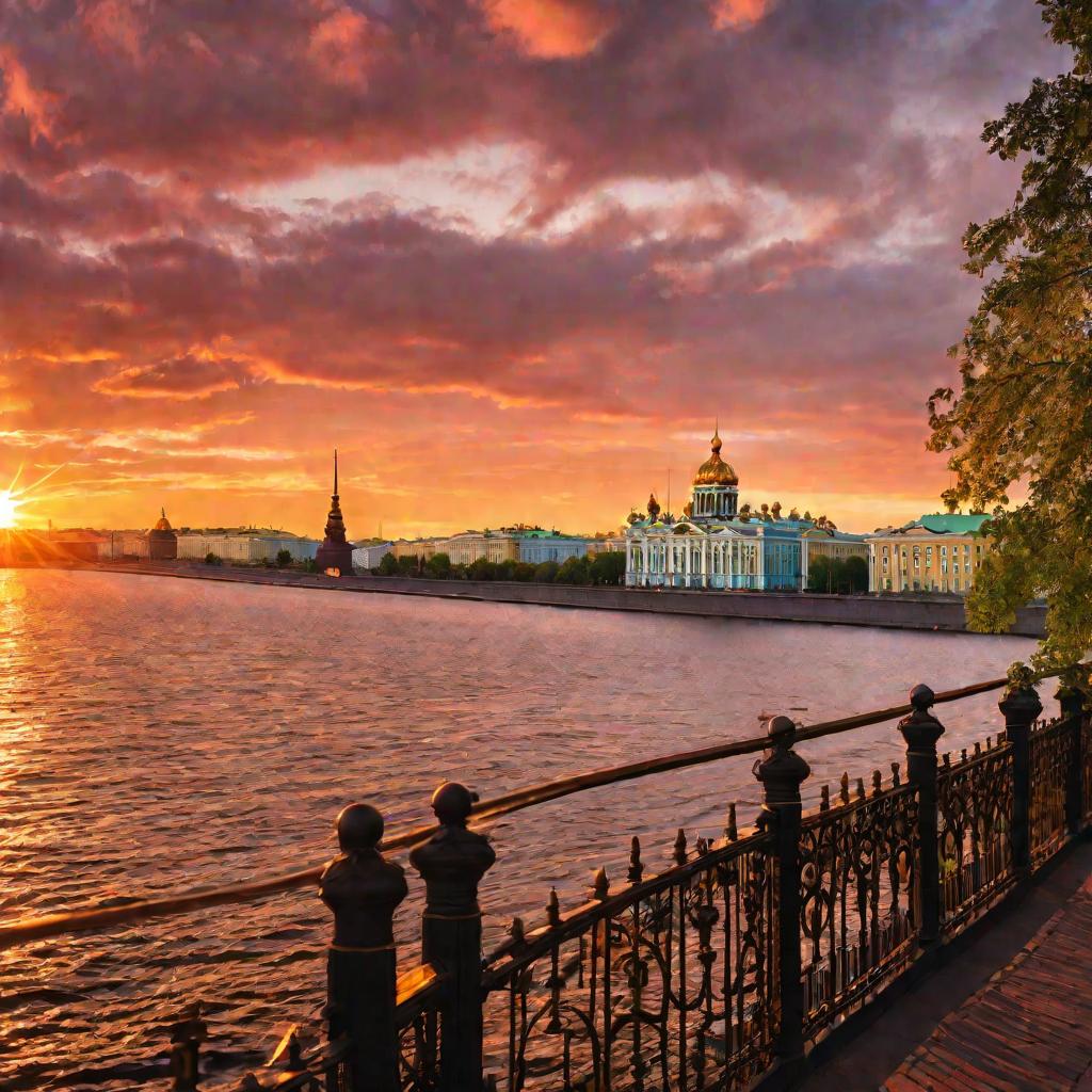 Панорама Санкт-Петербурга в закатных лучах создающая ощущение богатого культурного наследия города.