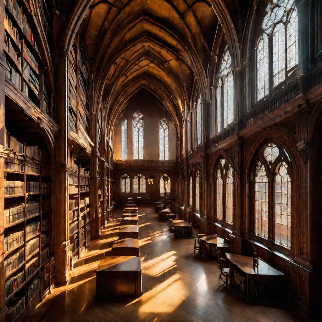 Элегантный интерьер библиотеки с высокими дубовыми стеллажами, залитыми солнечным светом сквозь арочные готические окна, создающий атмосферу интеллектуального углубления.