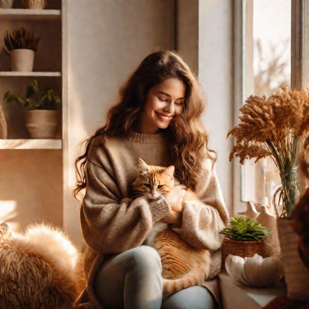 Девушка в осеннем свитере обнимает кошку